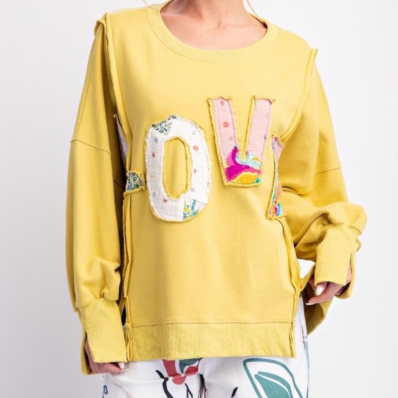 New Easel LOVE Pullover Oversized Sweatshirt Knit Patches Plus Size Top Mustard - Picture 3 of 6
